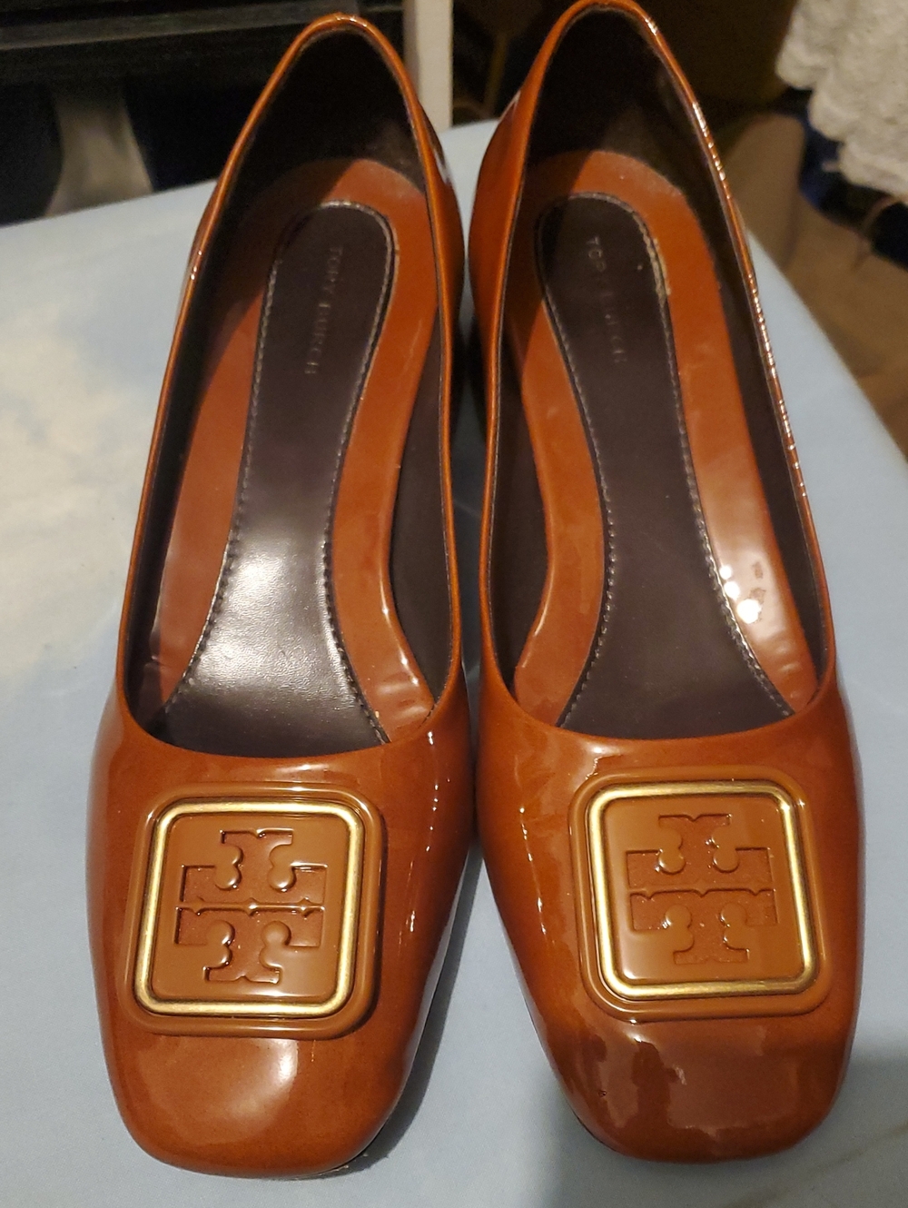 Tory Burch Brown Patent Leather Logo Square-Toe Flats